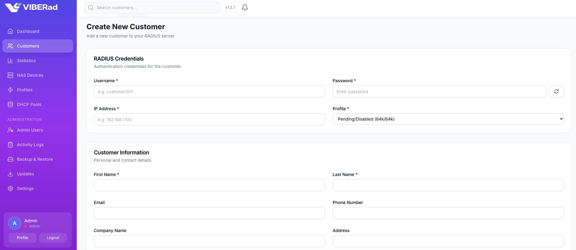Main dashboard with VIBERad feature overview